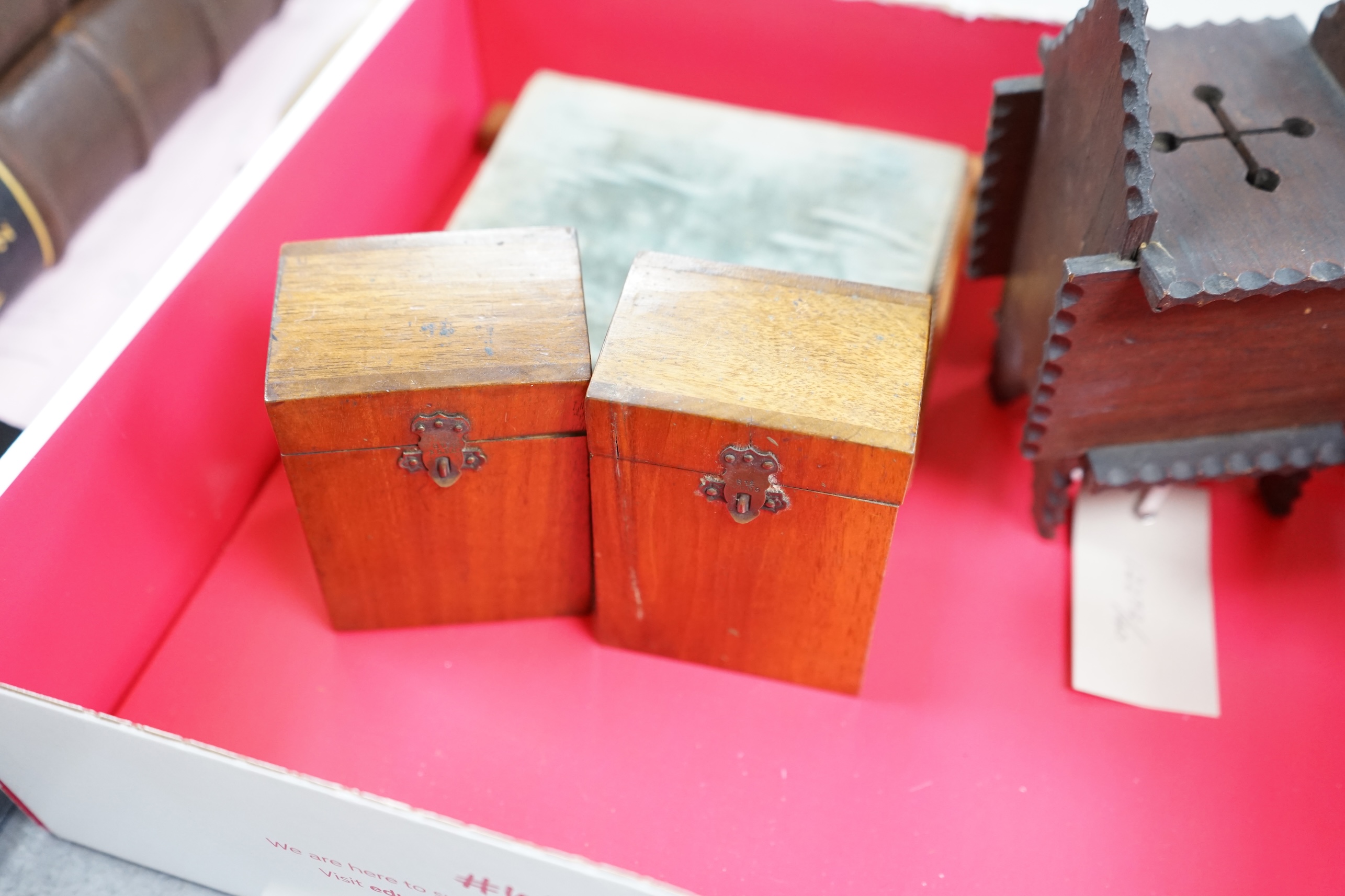 A carved wood novelty money bank, two walnut tea canisters, a giltwood plinth, a 1930’s handbag frame, and mixed collectables etc, gilt base 15cm x 12cm. Condition - poor to good